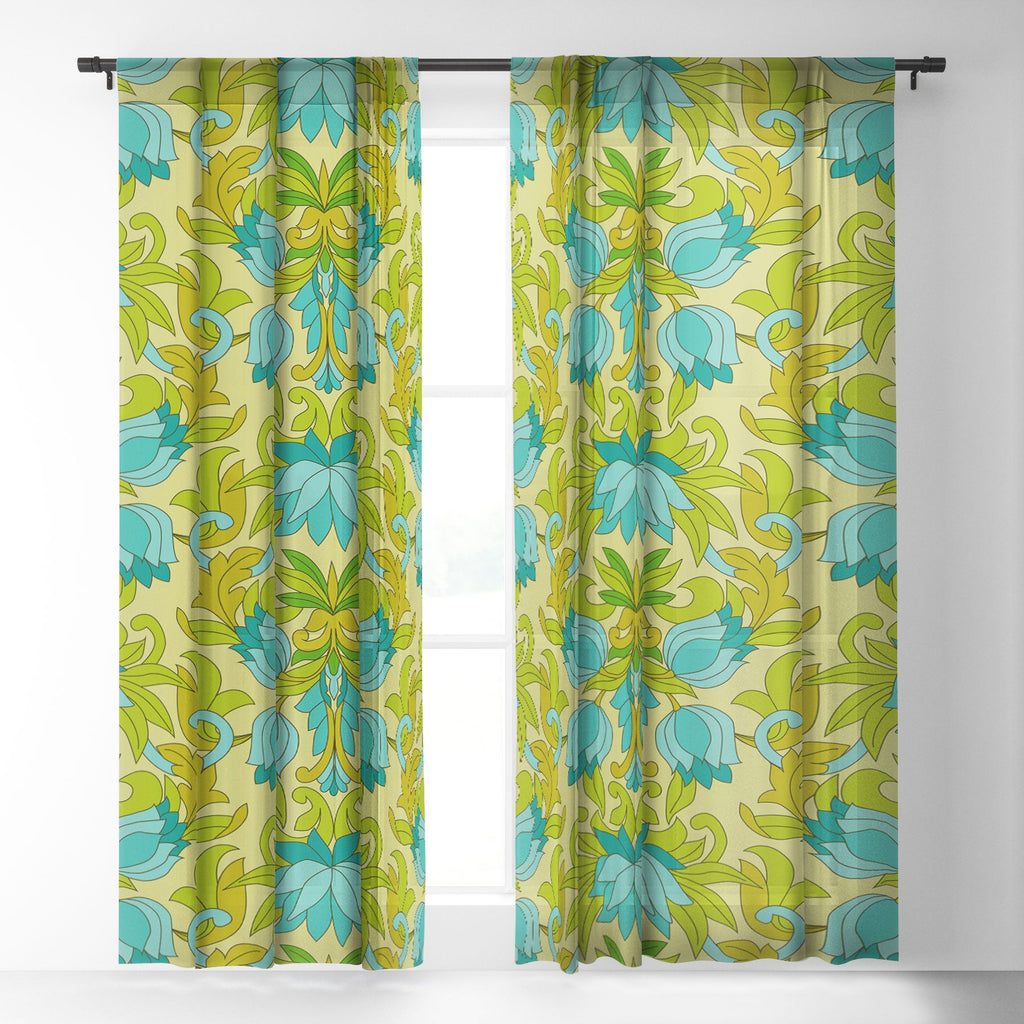Eyestigmatic Design Turquoise and Green Leaves 1960s Sheer Non Repeat