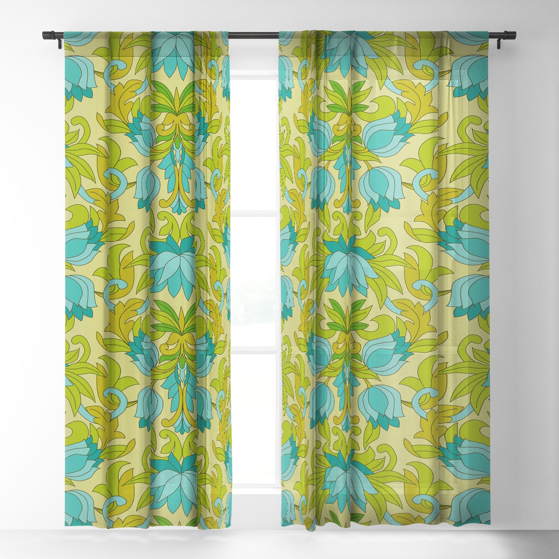 Eyestigmatic Design Turquoise and Green Leaves 1960s Sheer Non Repeat