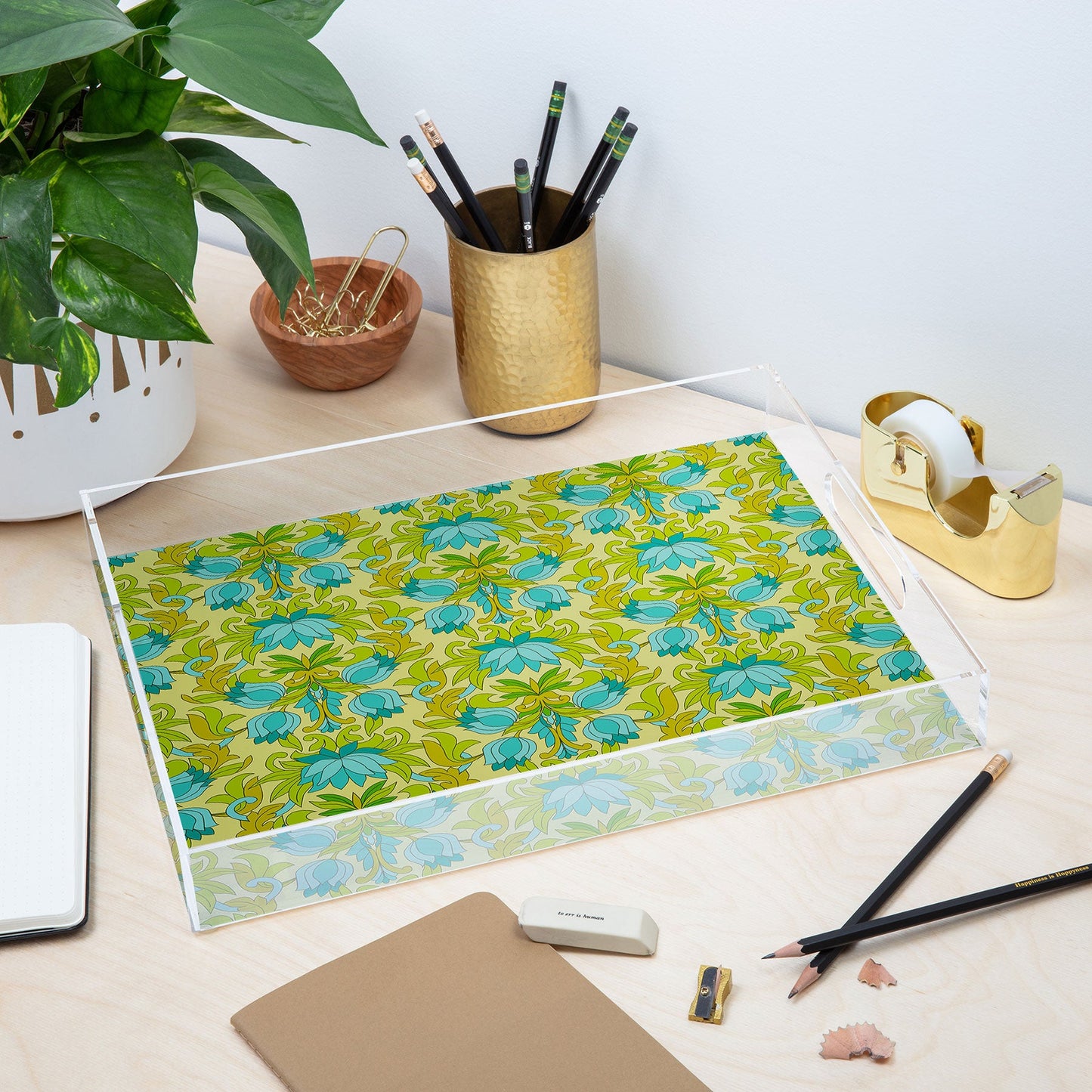 Eyestigmatic Design Turquoise and Green Leaves 1960s Acrylic Tray