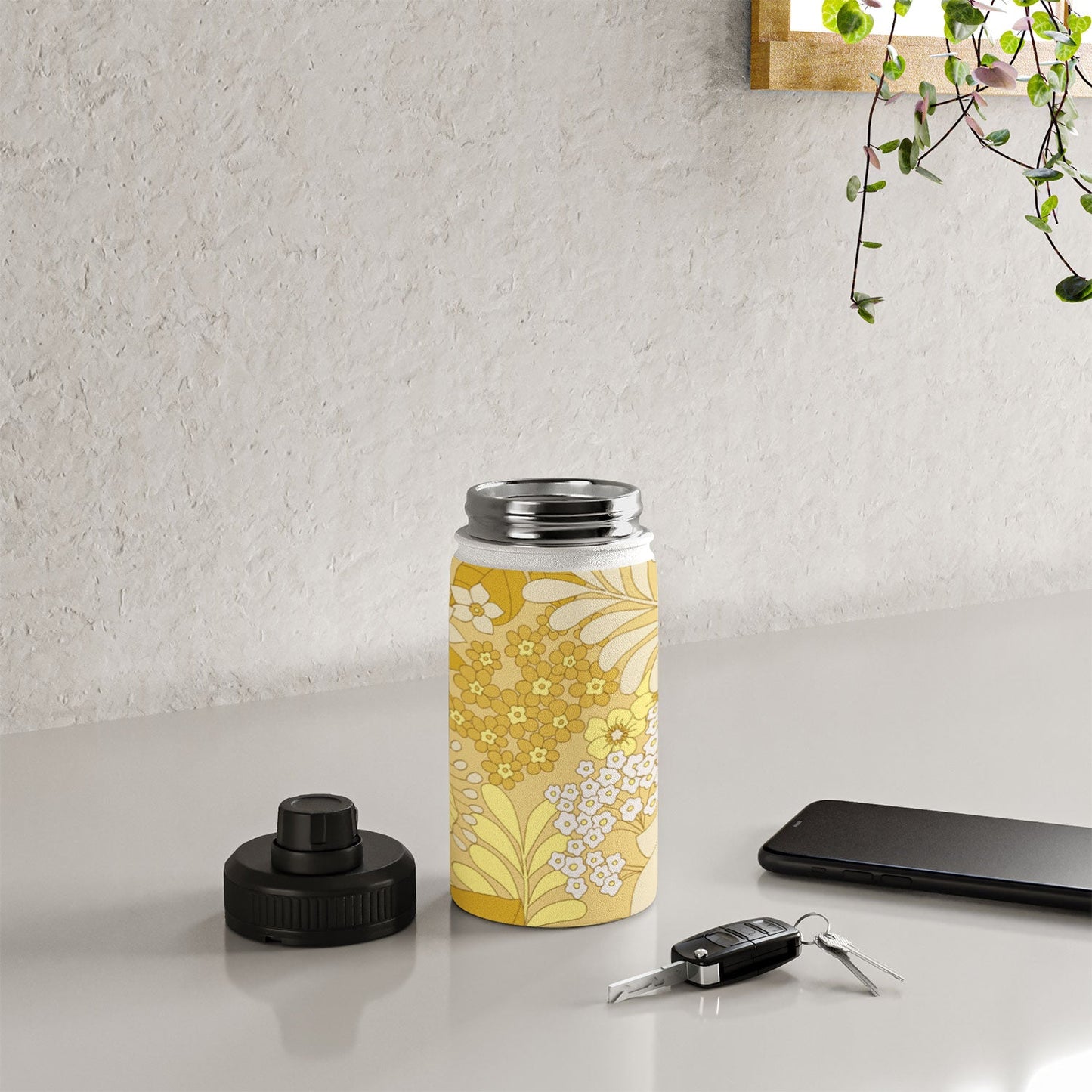 Eyestigmatic Design Yellow Ivory Brown Retro Floral Water Bottle