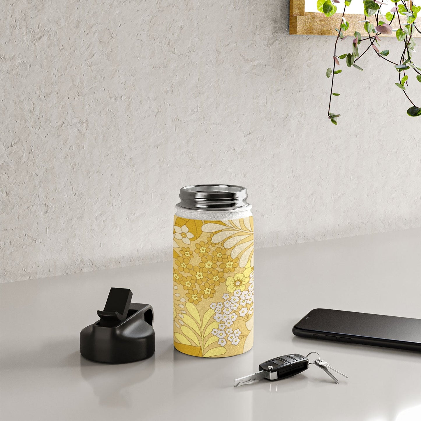 Eyestigmatic Design Yellow Ivory Brown Retro Floral Water Bottle