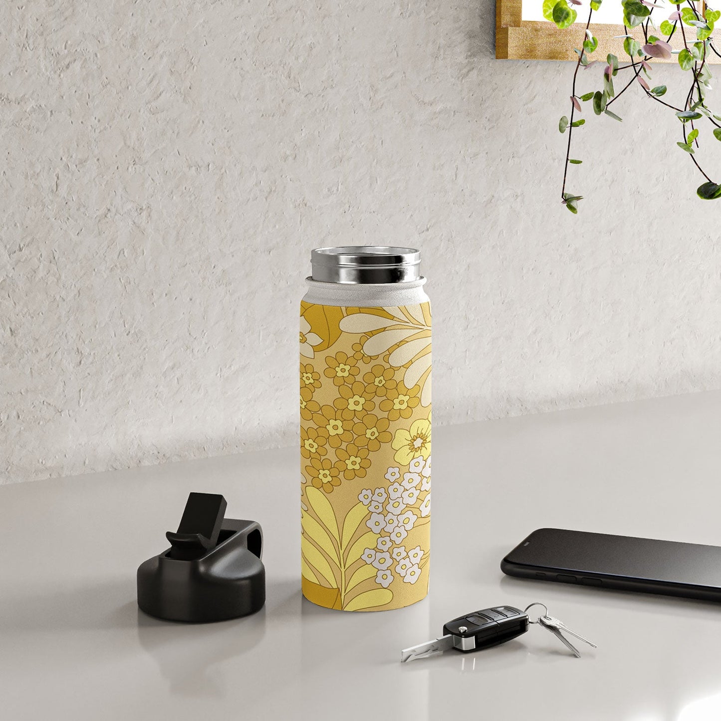 Eyestigmatic Design Yellow Ivory Brown Retro Floral Water Bottle