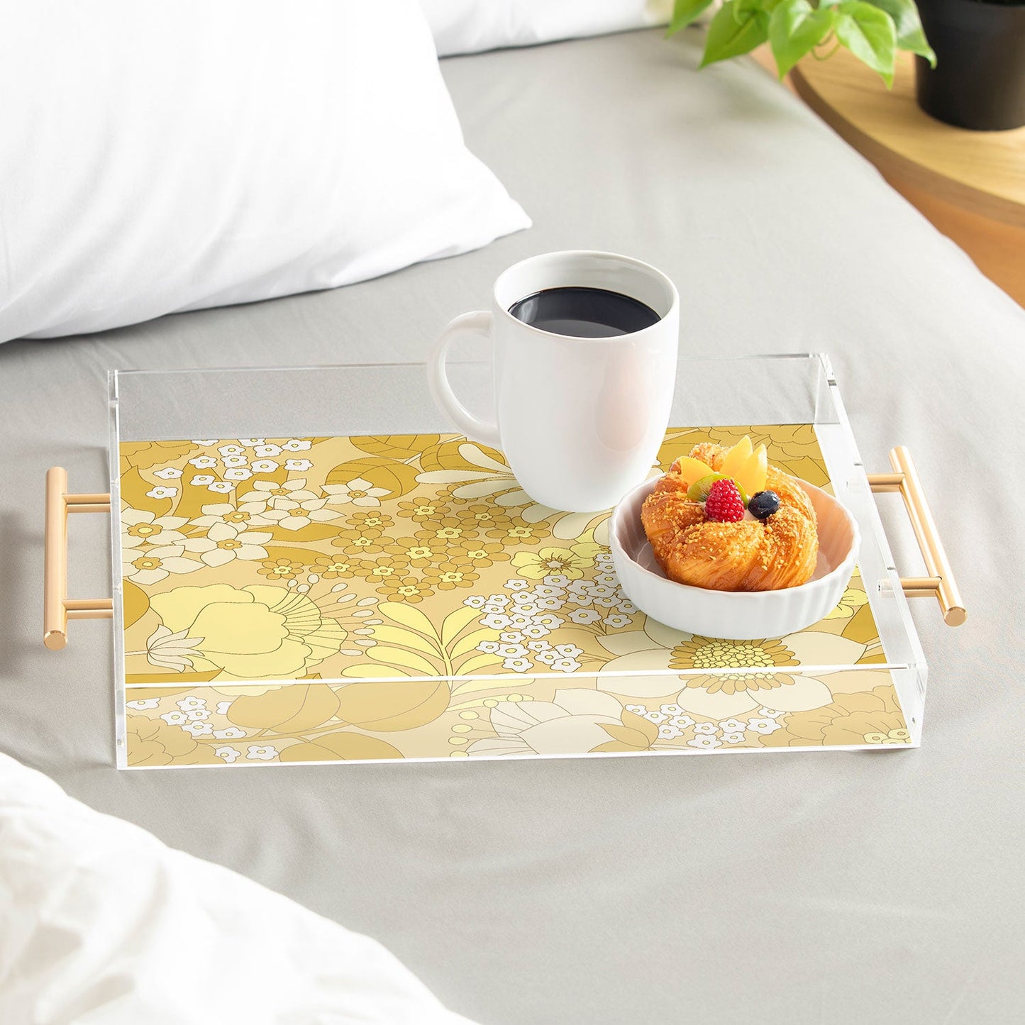 Eyestigmatic Design Yellow Ivory Brown Retro Floral Acrylic Tray
