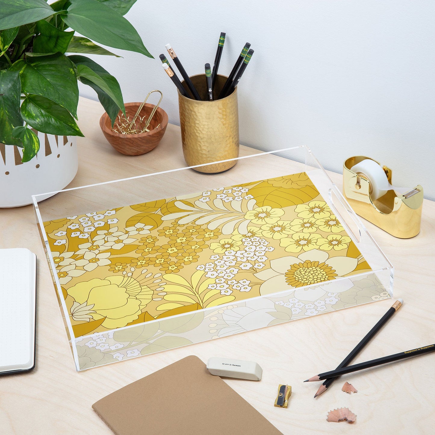 Eyestigmatic Design Yellow Ivory Brown Retro Floral Acrylic Tray