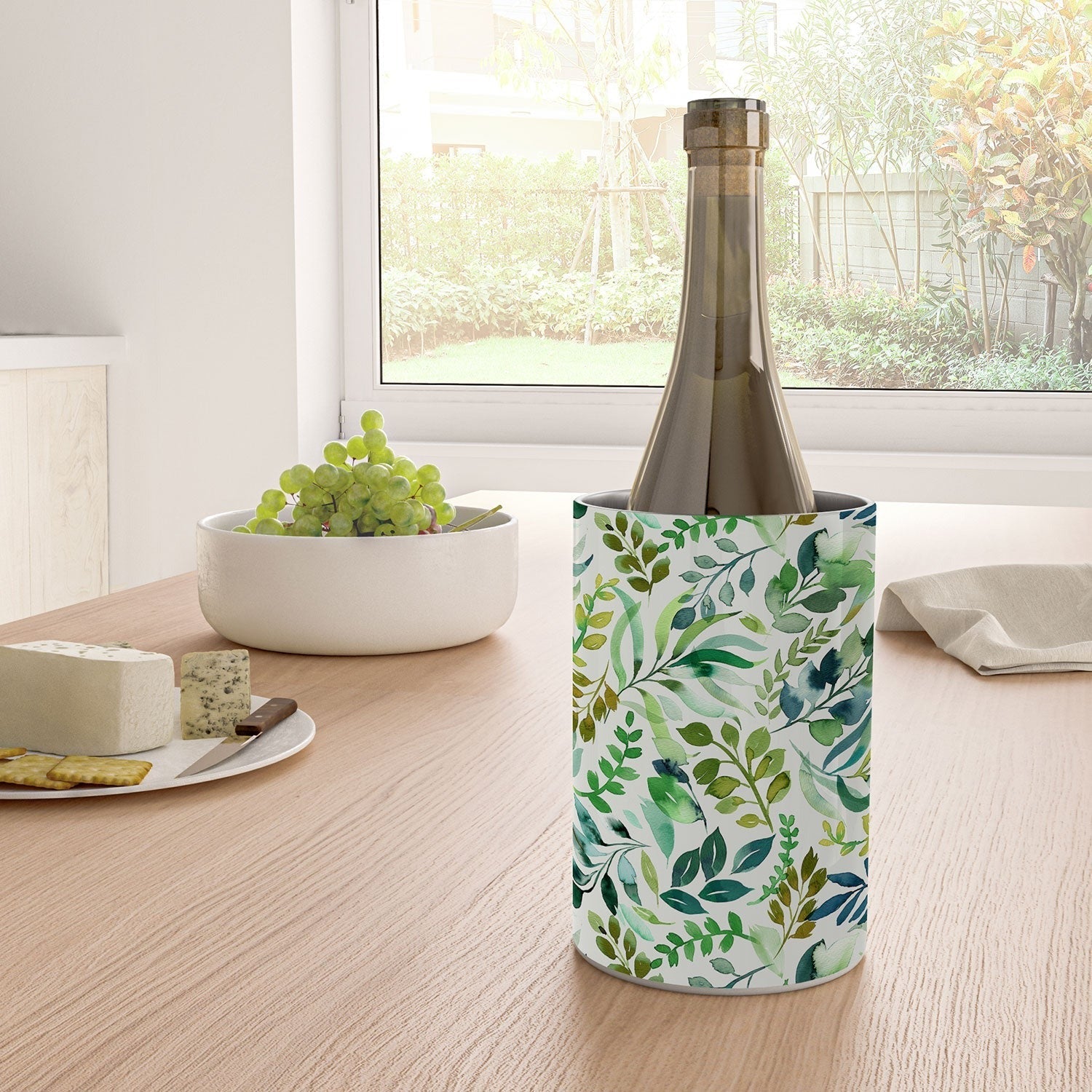 Ninola Design Botanic Retreat Loose Botanical Leaves Watercolor Green Wine Chiller