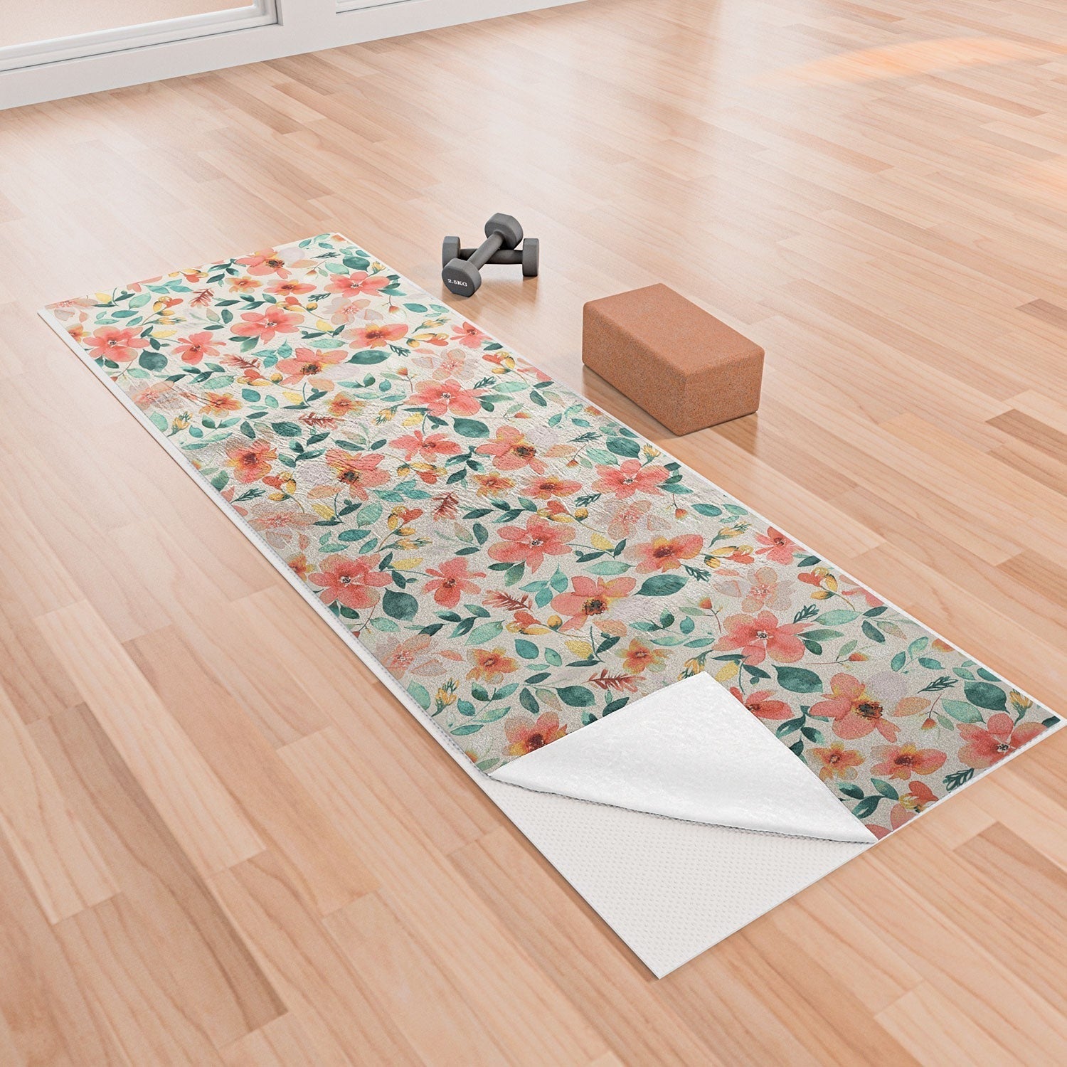 Ninola Design Botanic Retreat Tropical Whimsical Flowers Coral Green Yoga Towel
