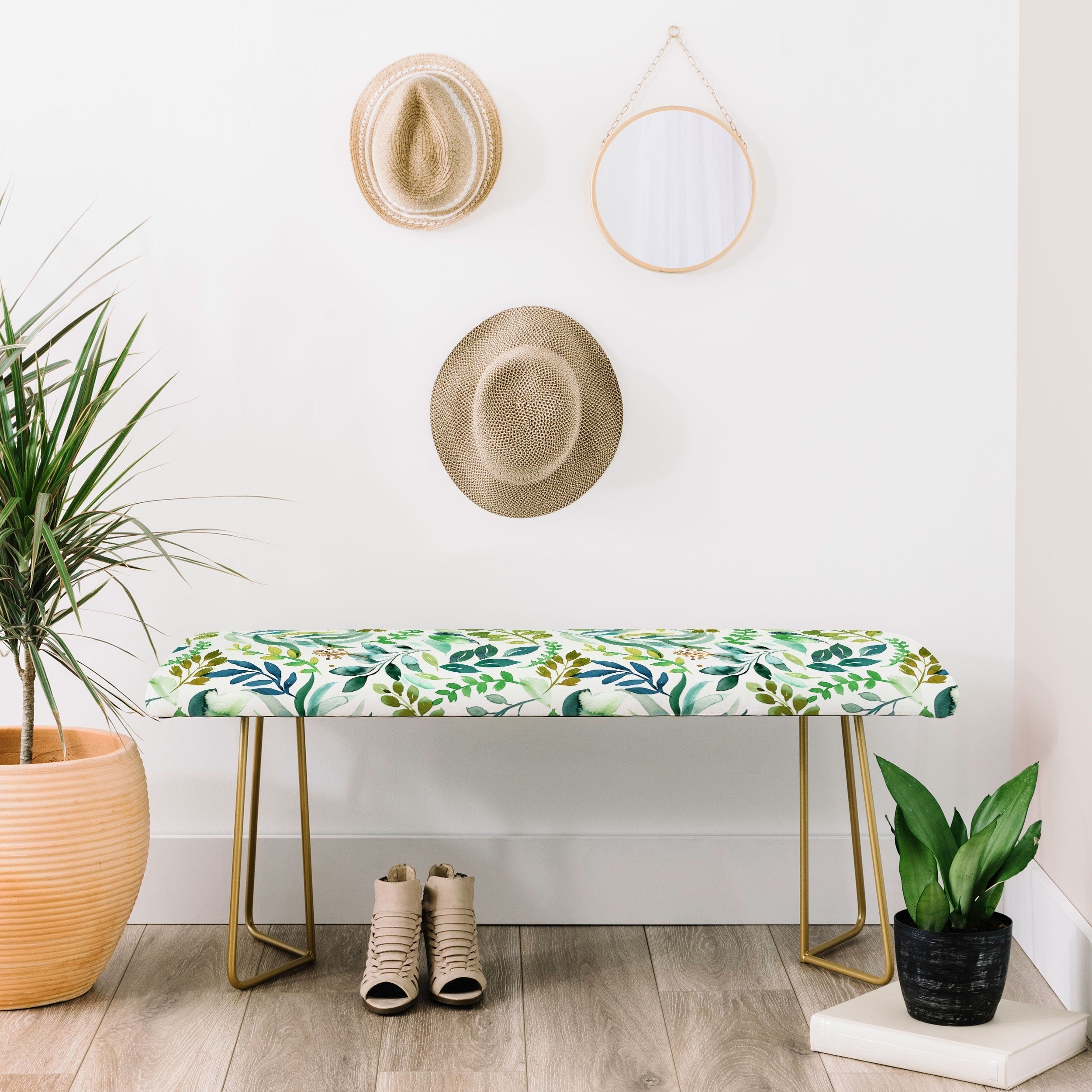 Ninola Design Botanic Retreat Loose Botanical Leaves Watercolor Green Bench