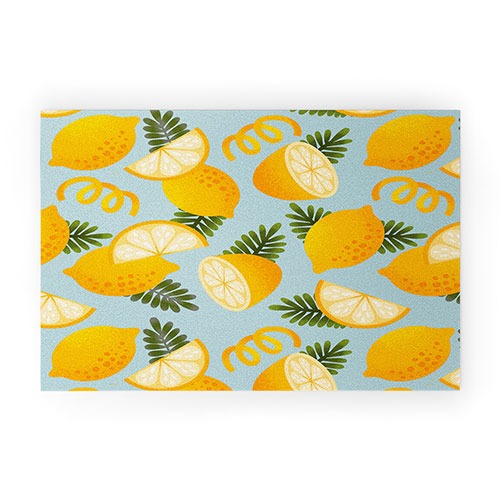 Jessica Molina Lemon Pattern on Sky Blue Welcome Mat