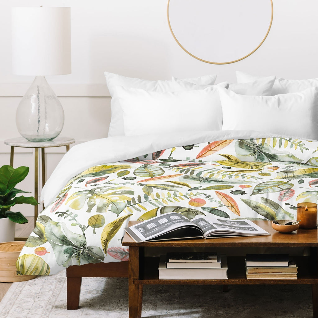 Ninola Design Botanic Retreat Tropical Jungle Leaves Botanical Green Orange Duvet Cover