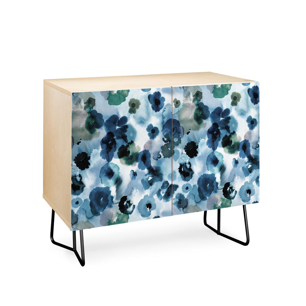Ninola Design Botanic Retreat Ombre Abstract Watercolor Flowers Blue Navy Credenza