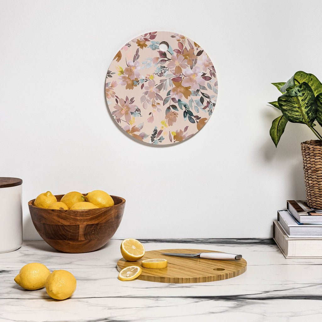 Ninola Design Botanic Retreat Floral Oleander Whimsical Soft Pink Cutting Board Round