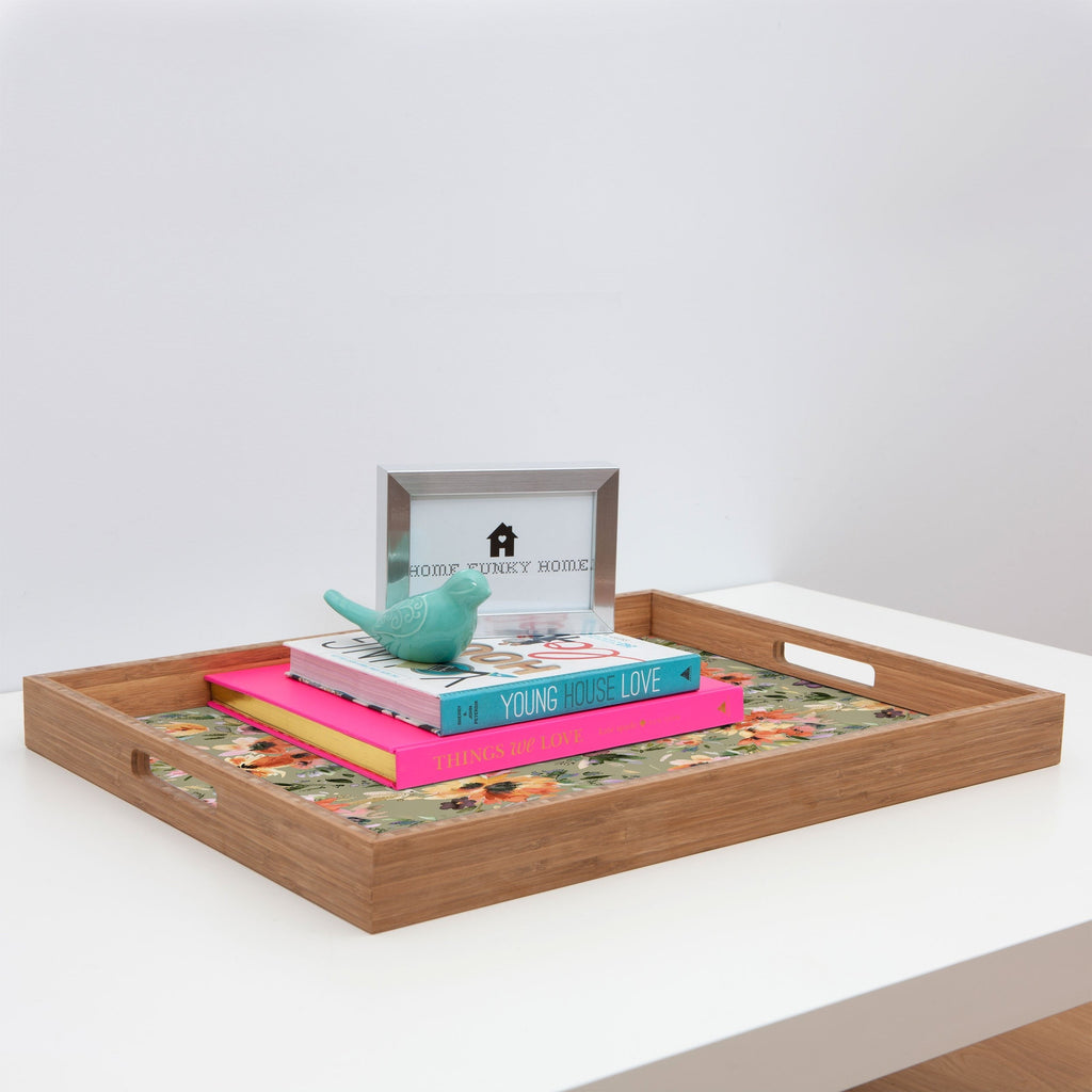 Ninola Design Botanic Retreat Floral Oleander Whimsical Teal Green Rectangular Tray