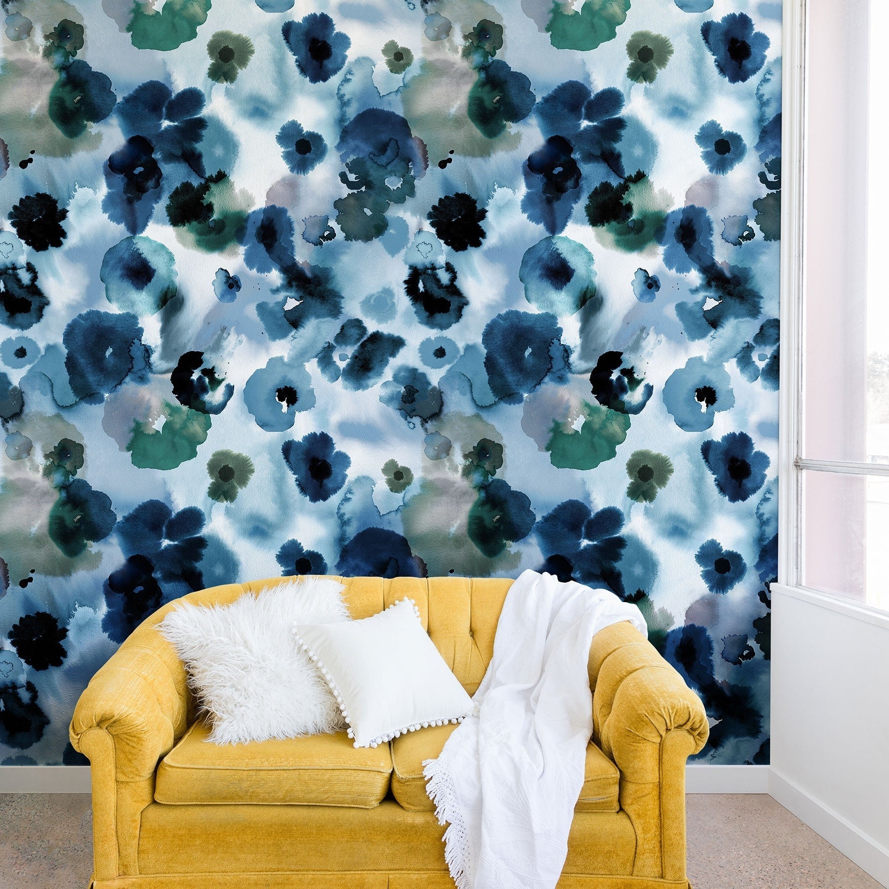 Ninola Design Botanic Retreat Ombre Abstract Watercolor Flowers Blue Navy Wall Mural