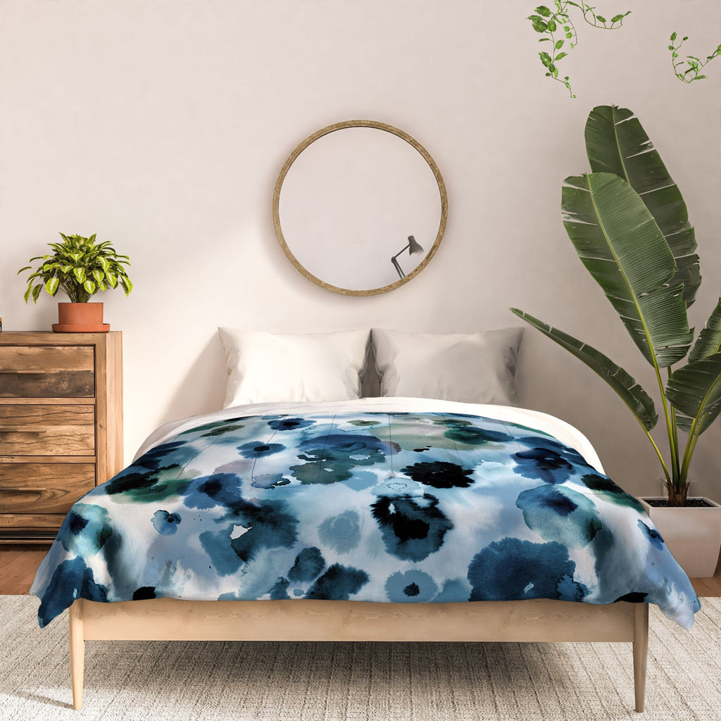 Ninola Design Botanic Retreat Ombre Abstract Watercolor Flowers Blue Navy Comforter