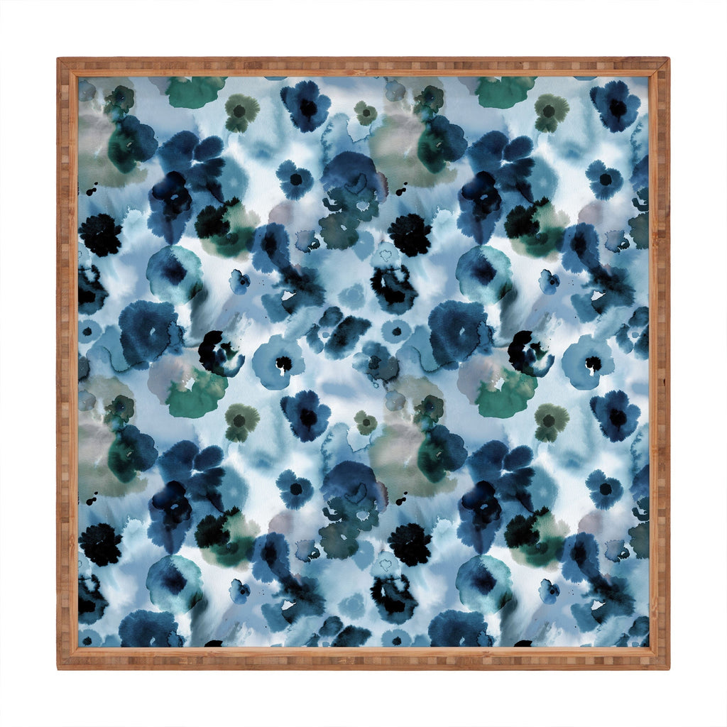 Ninola Design Botanic Retreat Ombre Abstract Watercolor Flowers Blue Navy Square Tray