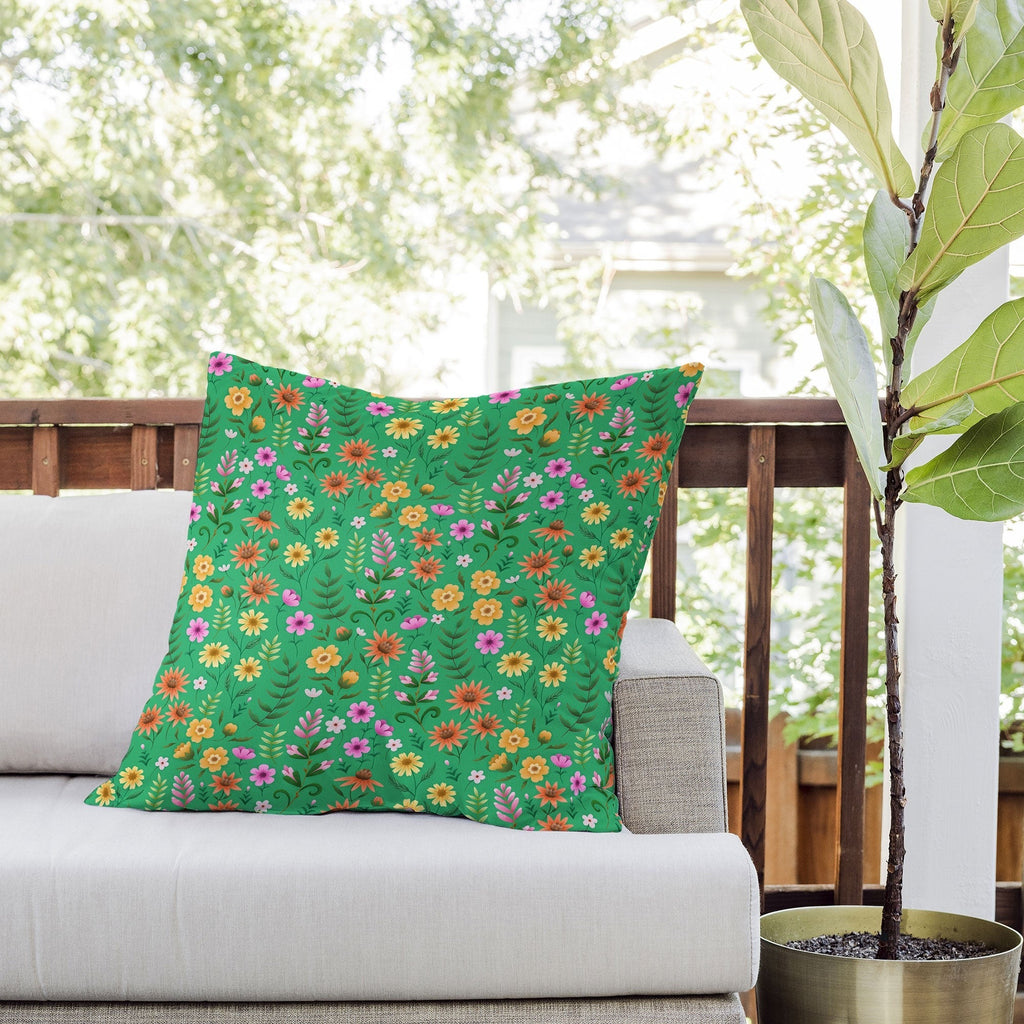 Pimlada Phuapradit Ditsy Spring Floral Green Outdoor Throw Pillow