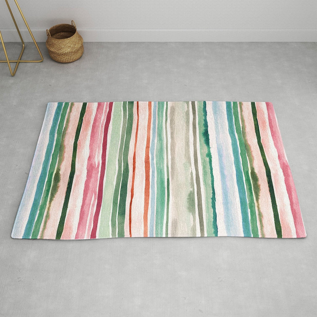 Ninola Design Botanic Retreat Watercolor Stripes Green Orange Red Area Rug