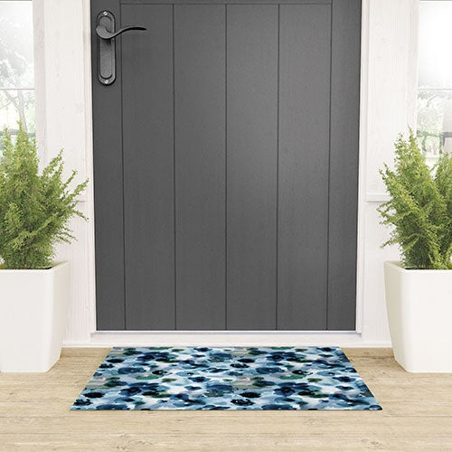 Ninola Design Botanic Retreat Ombre Abstract Watercolor Flowers Blue Navy Welcome Mat