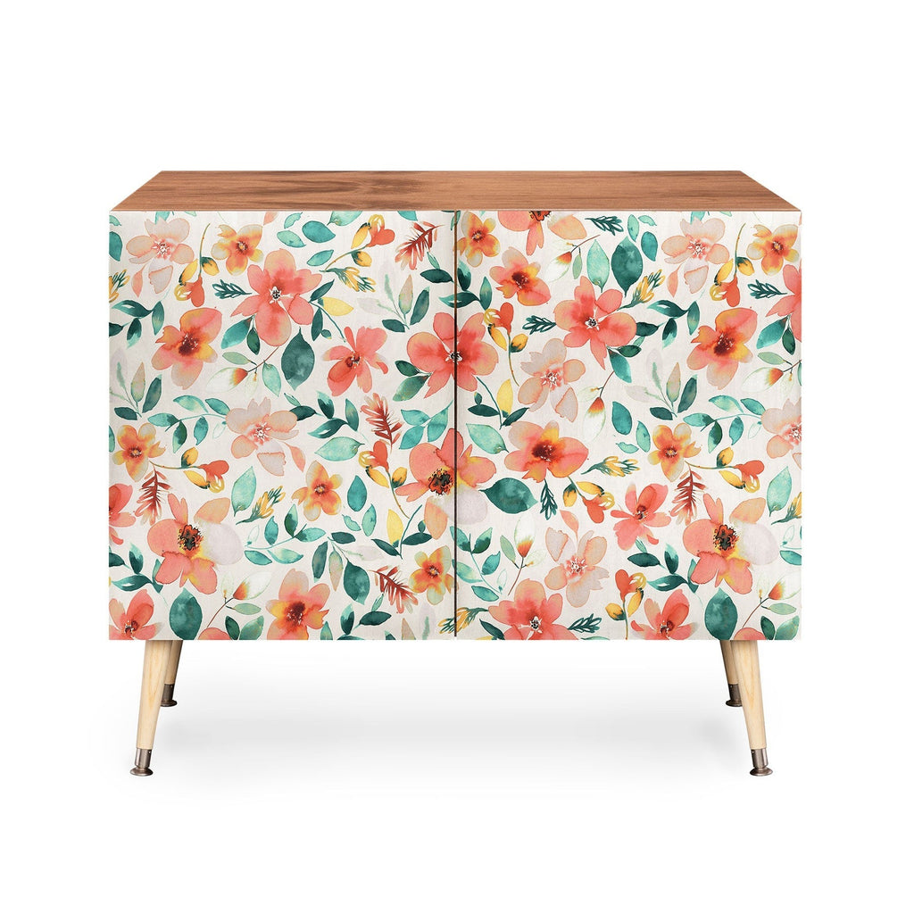 Ninola Design Botanic Retreat Tropical Whimsical Flowers Coral Green Credenza