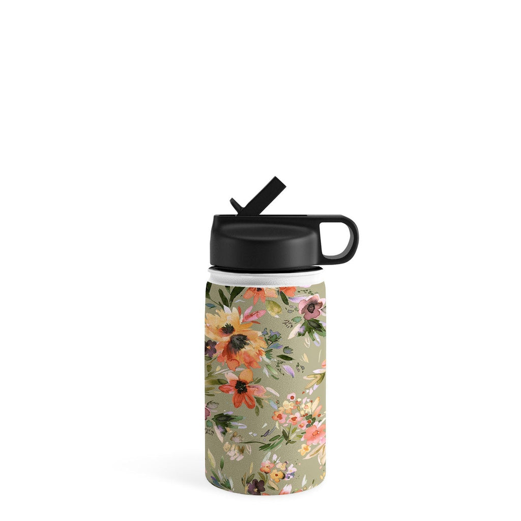 Ninola Design Botanic Retreat Painterly Tropical Flowers Sage Green Water Bottle