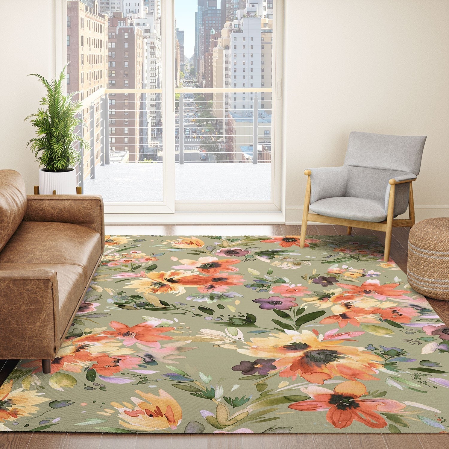 Ninola Design Botanic Retreat Painterly Tropical Flowers Sage Green Area Rug