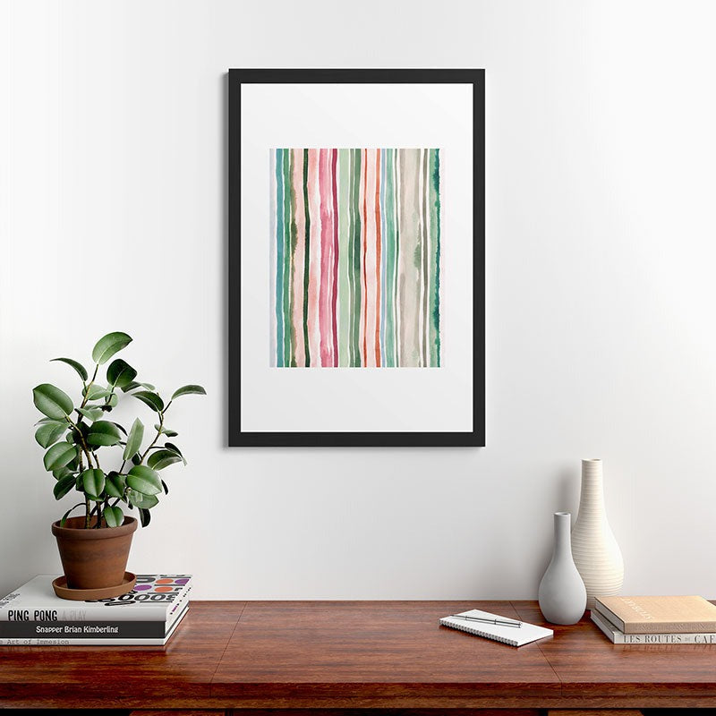 Ninola Design Botanic Retreat Watercolor Stripes Green Orange Red Framed Art Print