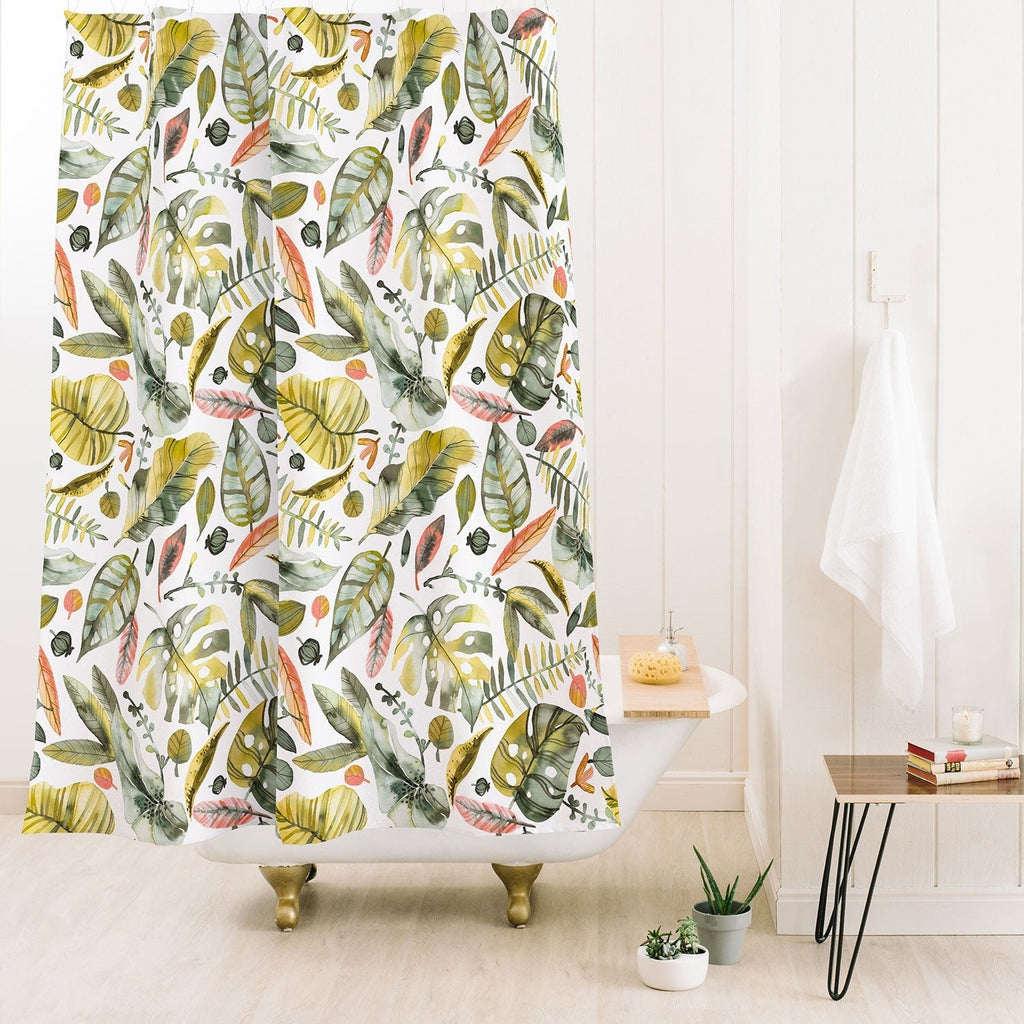 Ninola Design Botanic Retreat Tropical Jungle Leaves Botanical Green Orange Shower Curtain