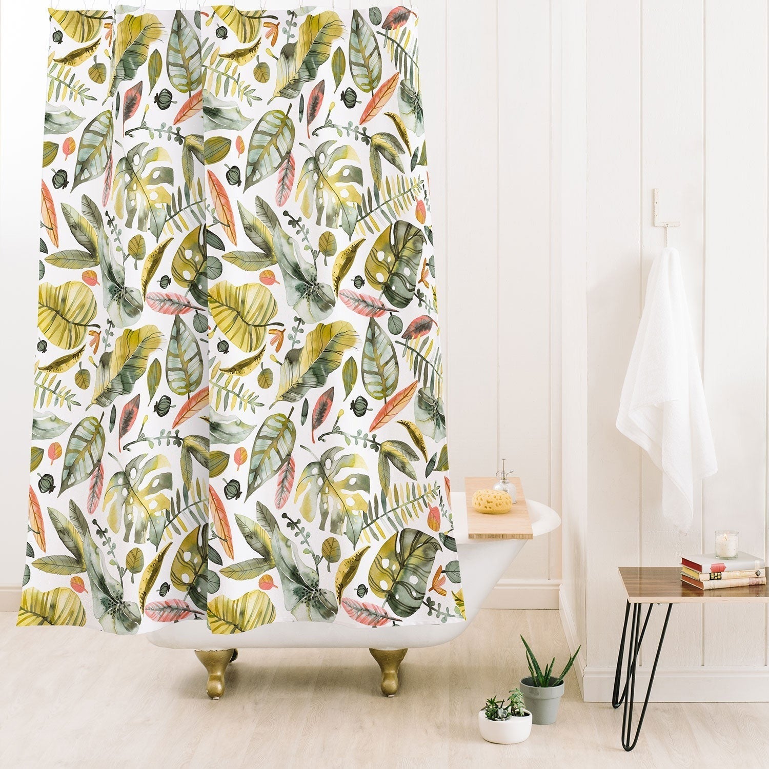 Ninola Design Botanic Retreat Tropical Jungle Leaves Botanical Green Orange Shower Curtain