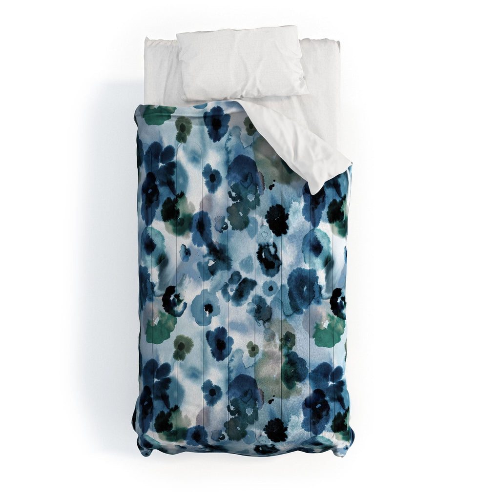Ninola Design Botanic Retreat Ombre Abstract Watercolor Flowers Blue Navy Comforter