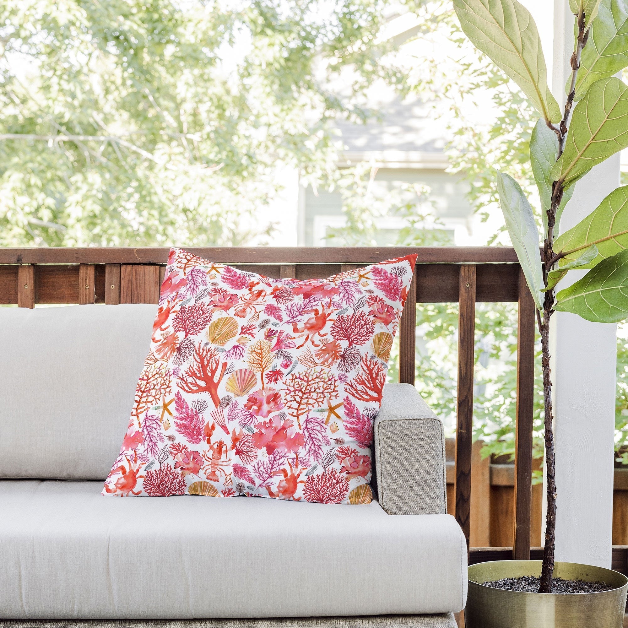 Ninola Design Botanic Retreat Coral Reef Crab Lobster Red Outdoor Throw Pillow