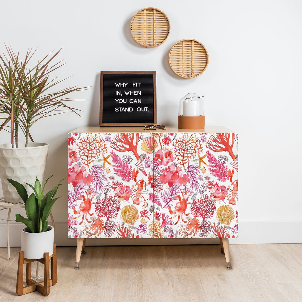 Ninola Design Botanic Retreat Coral Reef Crab Lobster Red Credenza