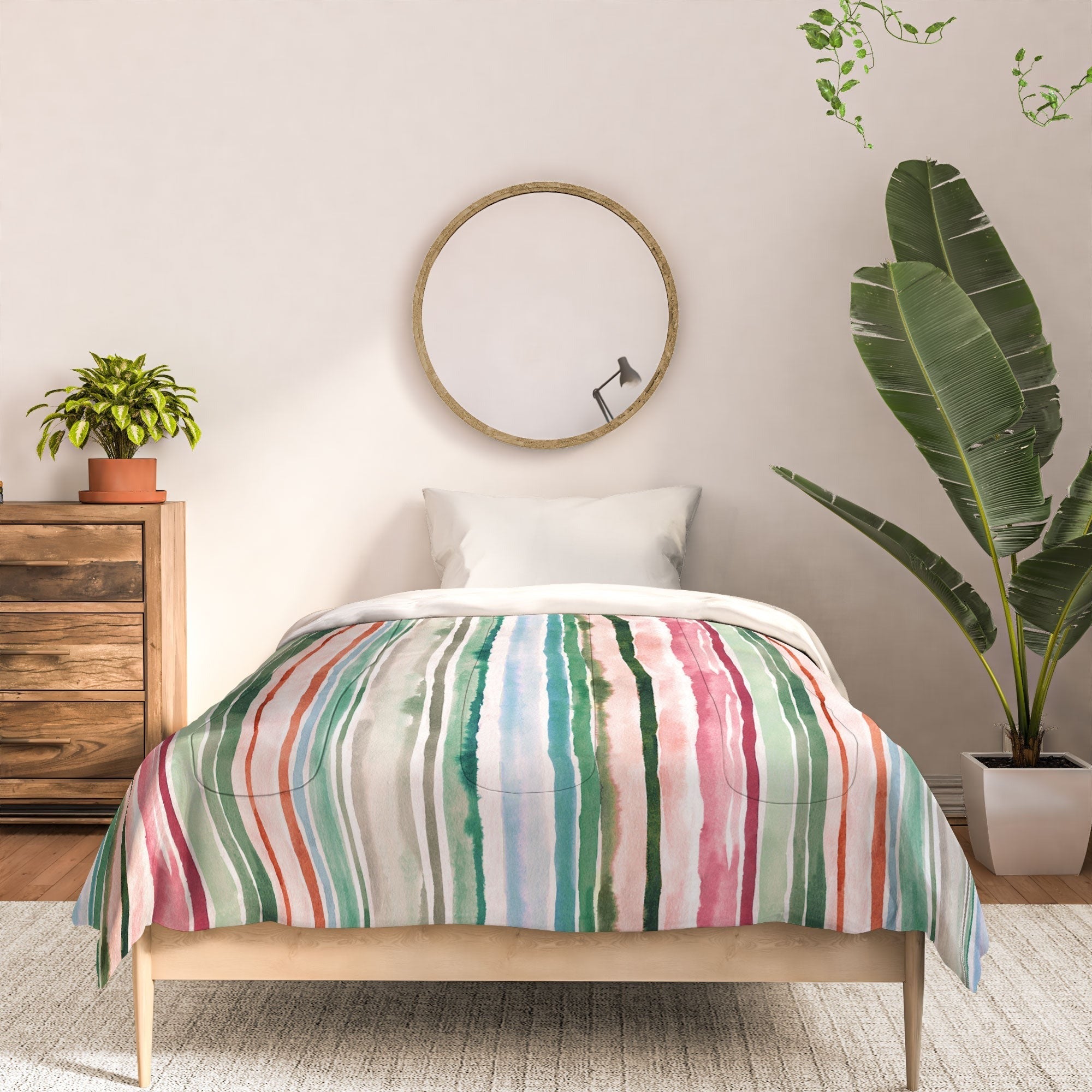Ninola Design Botanic Retreat Watercolor Stripes Green Orange Red Comforter