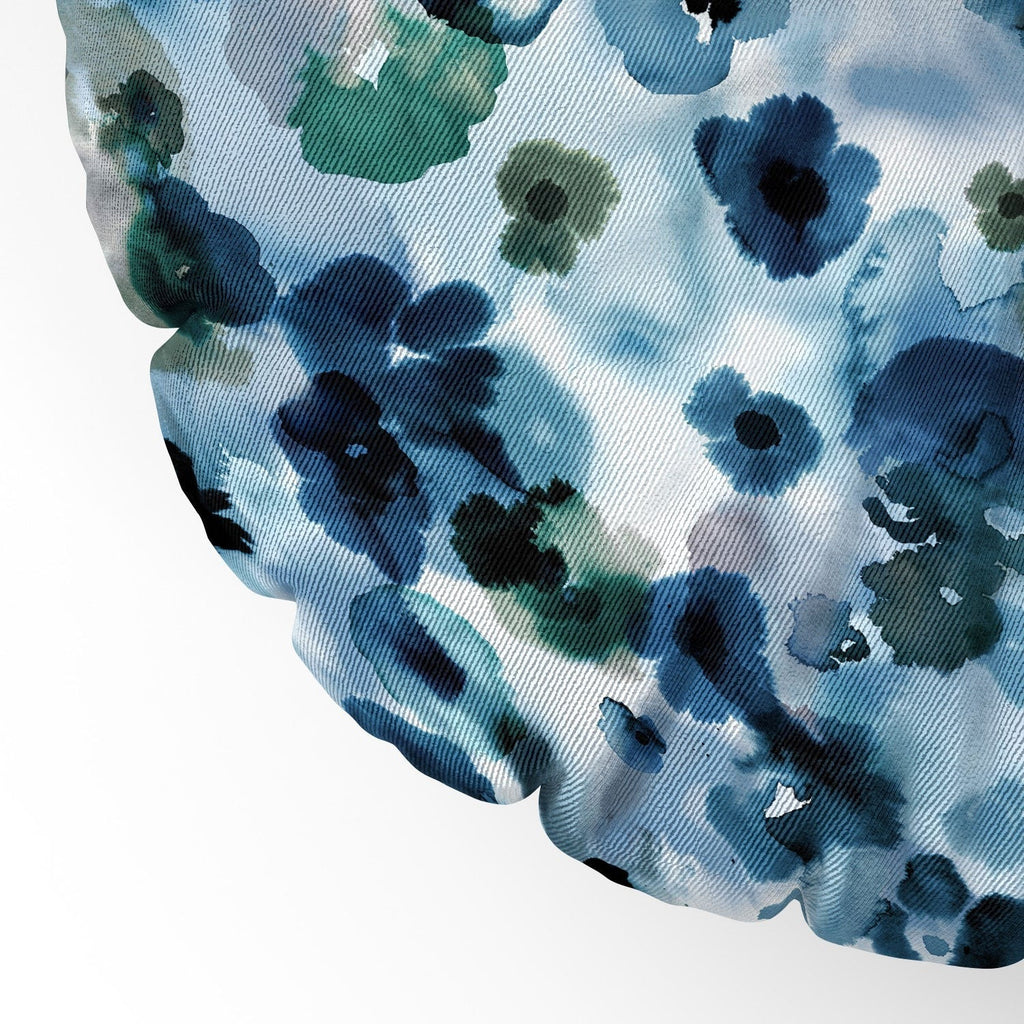 Ninola Design Botanic Retreat Ombre Abstract Watercolor Flowers Blue Navy Floor Pillow Round