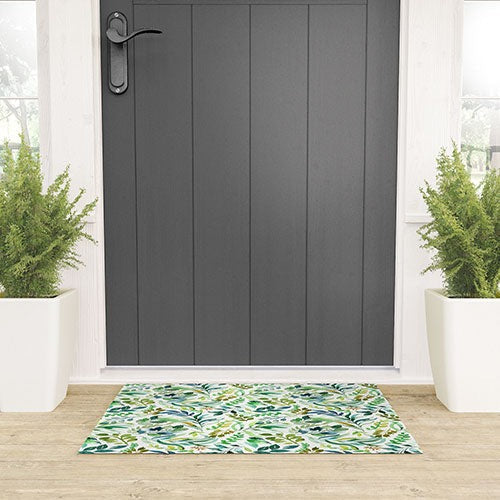 Ninola Design Botanic Retreat Loose Botanical Leaves Watercolor Green Welcome Mat