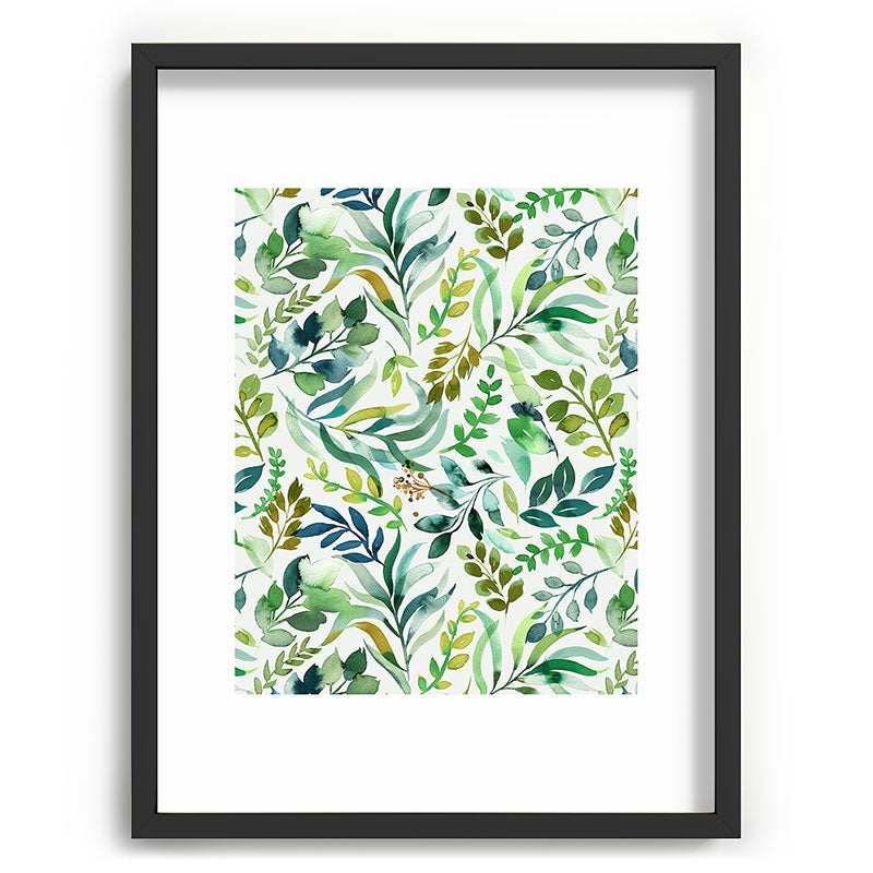 Ninola Design Botanic Retreat Loose Botanical Leaves Watercolor Green Recessed Framing Rectangle
