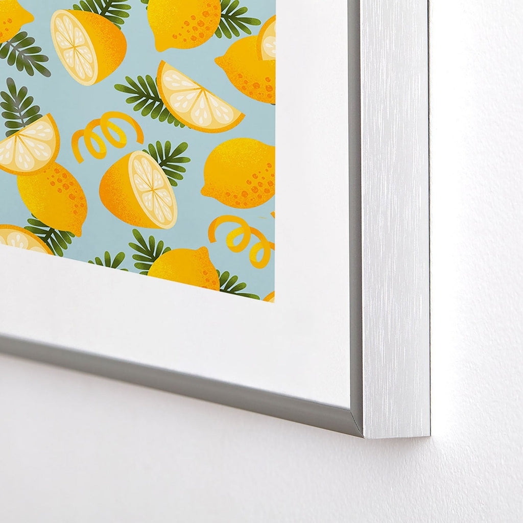 Jessica Molina Lemon Pattern on Sky Blue Metal Framed Art Print