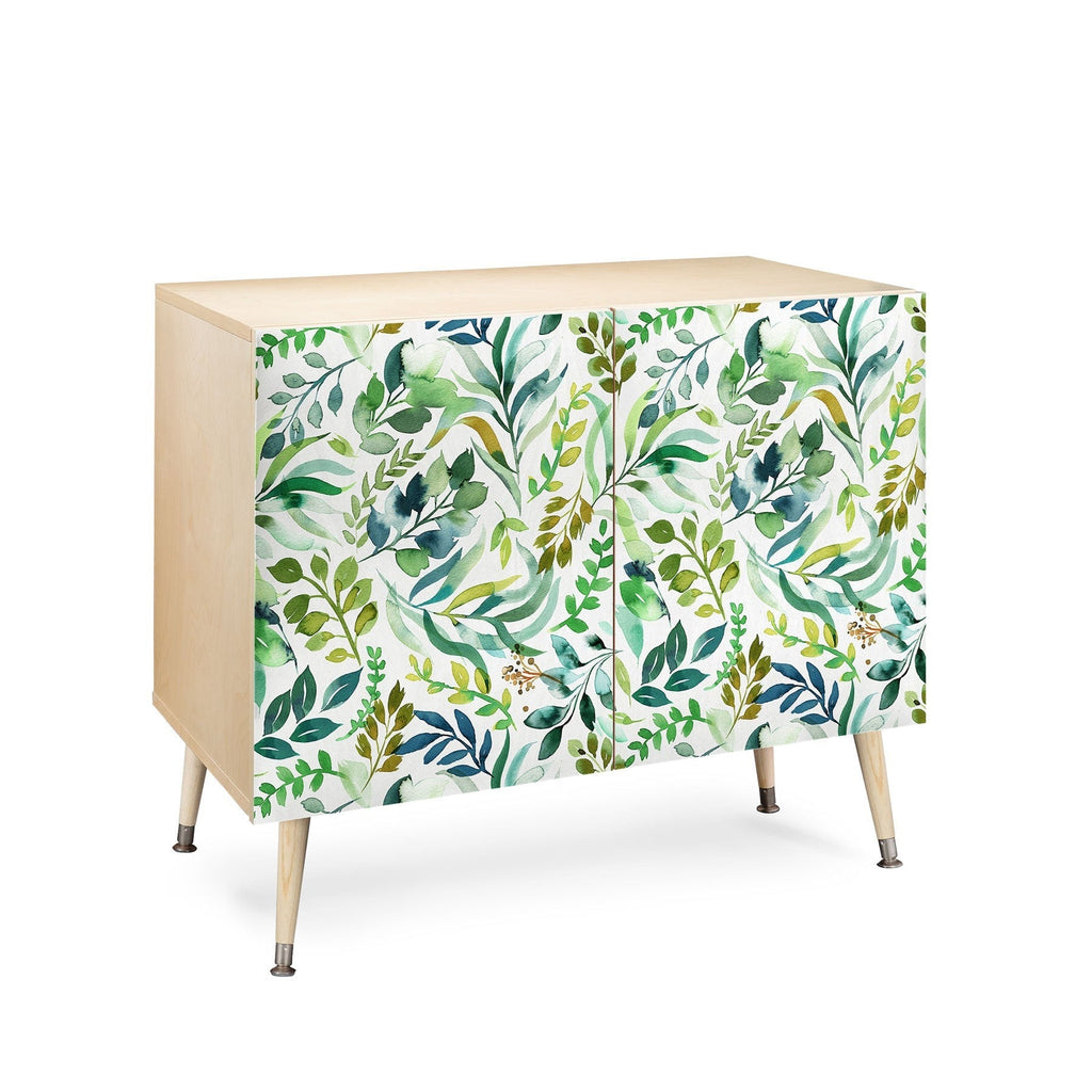 Ninola Design Botanic Retreat Loose Botanical Leaves Watercolor Green Credenza