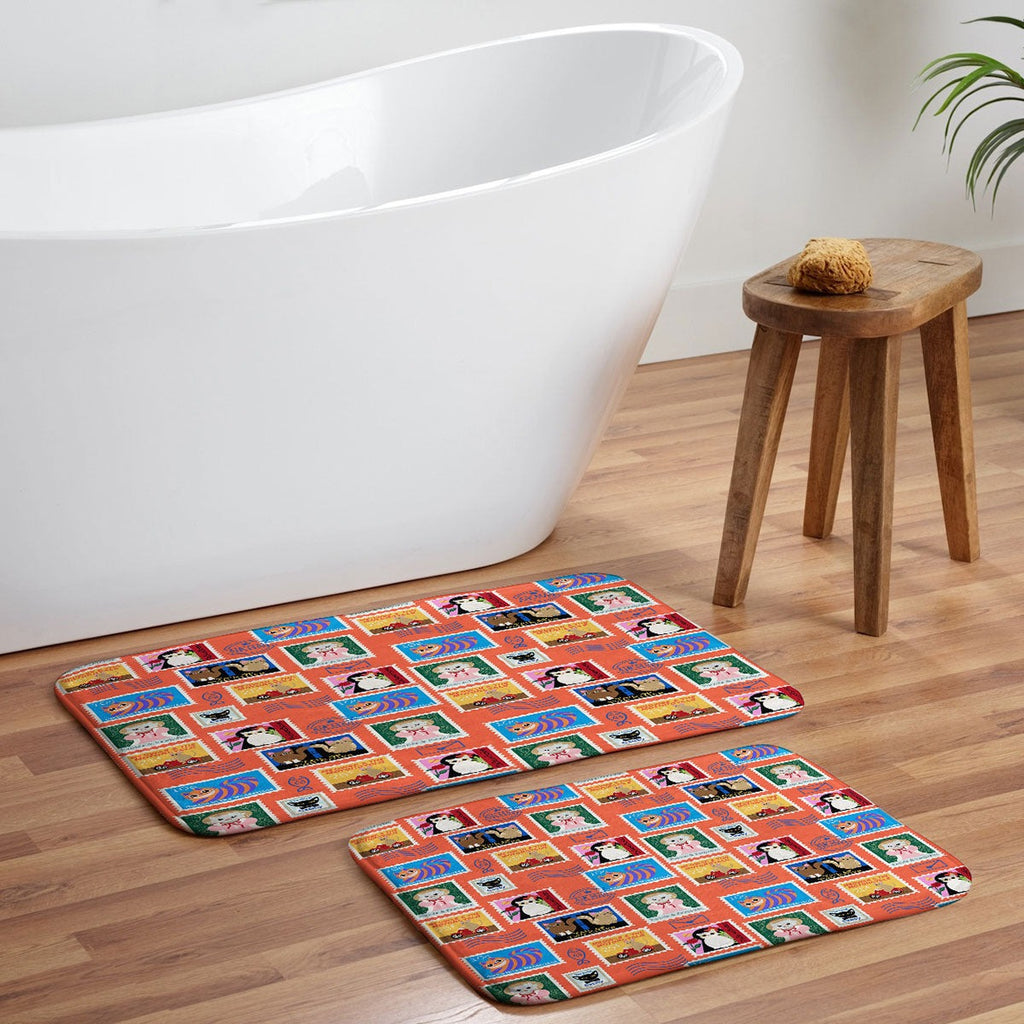 Design by Spark Classic Book Cat Stamps Memory Foam Bath Mat