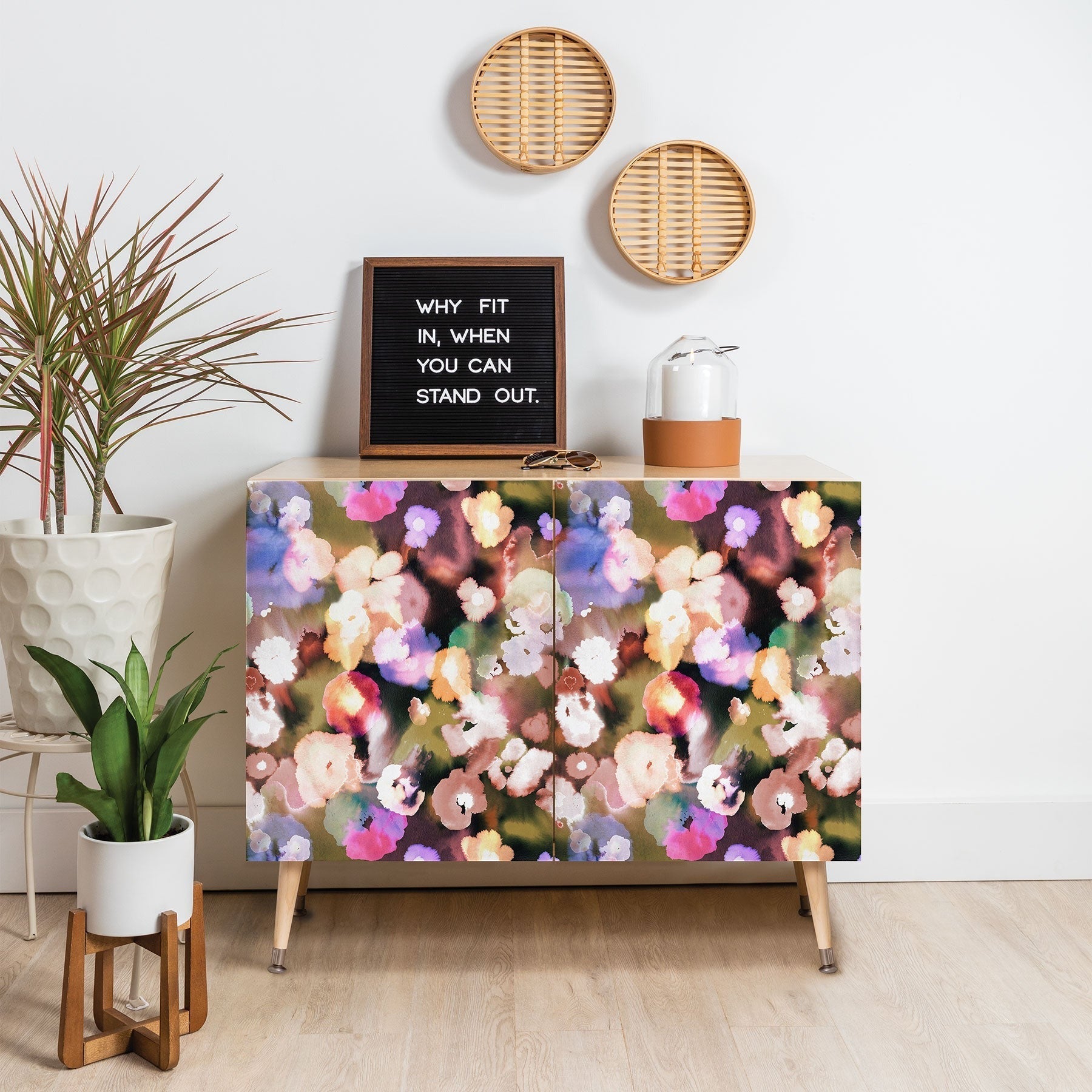 Ninola Design Botanic Retreat Ombre Abstract Watercolor Flowers Pink gold Credenza