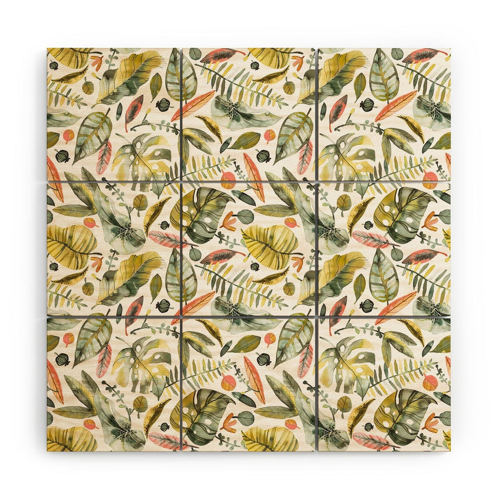 Ninola Design Botanic Retreat Tropical Jungle Leaves Botanical Green Orange Wood Wall Mural