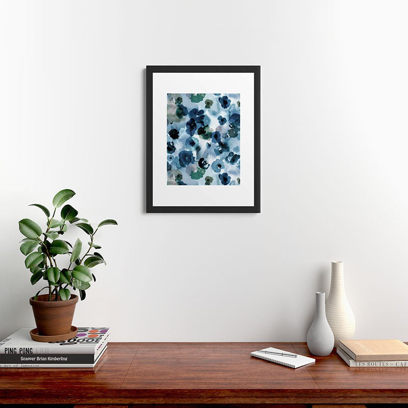Ninola Design Botanic Retreat Ombre Abstract Watercolor Flowers Blue Navy Framed Art Print