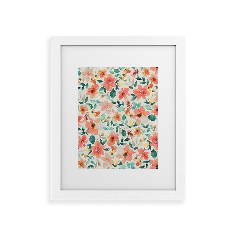 Ninola Design Botanic Retreat Tropical Whimsical Flowers Coral Green Framed Art Print