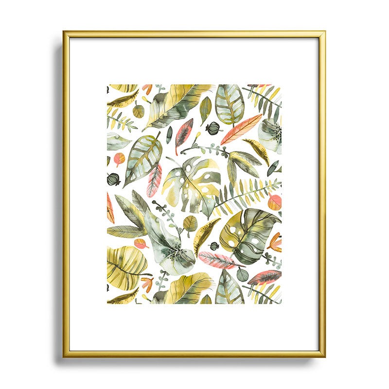 Ninola Design Botanic Retreat Tropical Jungle Leaves Botanical Green Orange Metal Framed Art Print