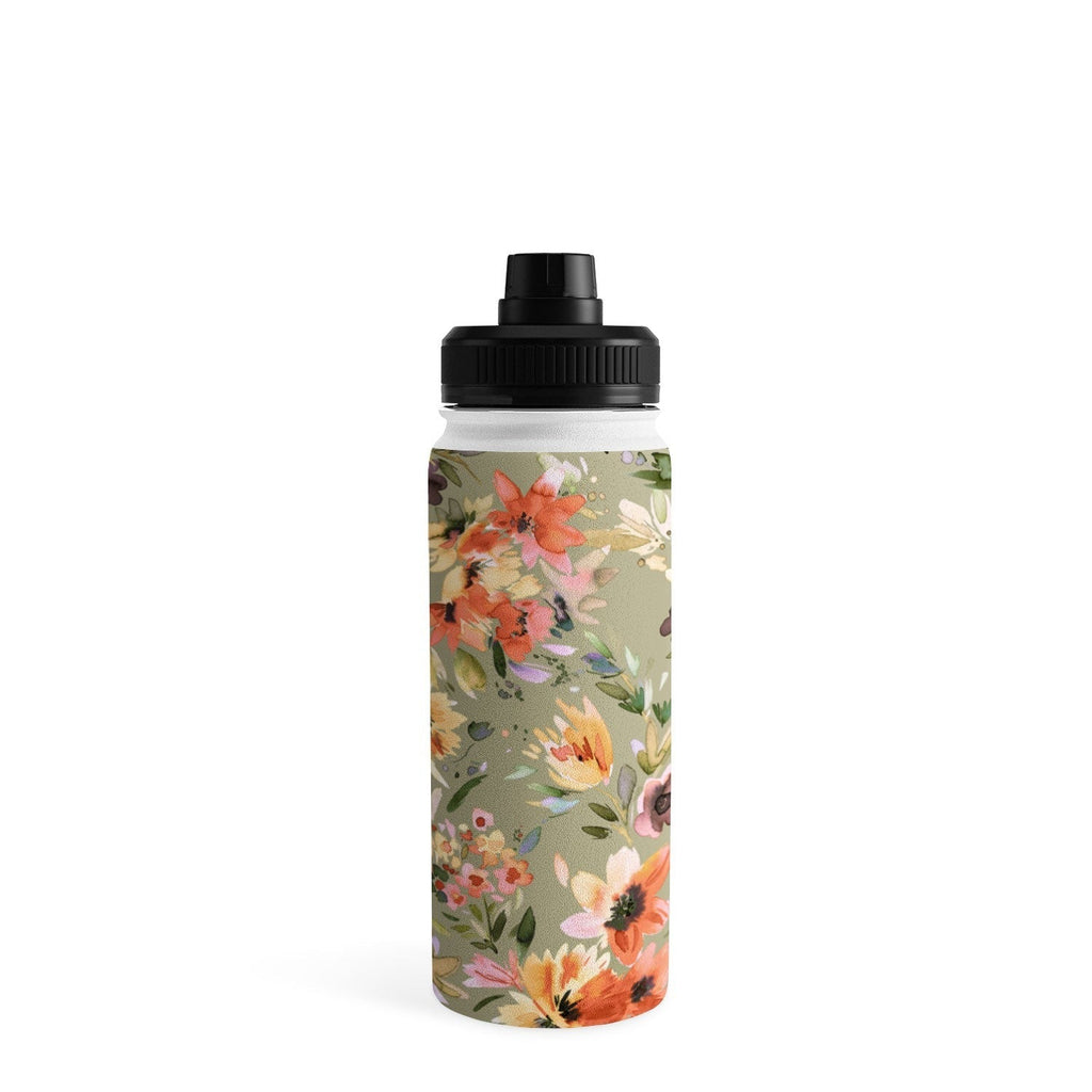 Ninola Design Botanic Retreat Painterly Tropical Flowers Sage Green Water Bottle
