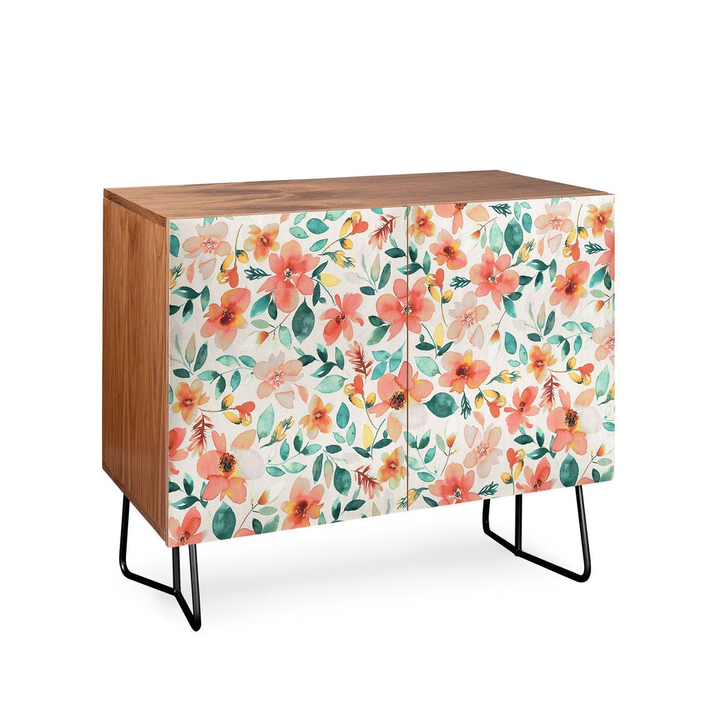 Ninola Design Botanic Retreat Tropical Whimsical Flowers Coral Green Credenza