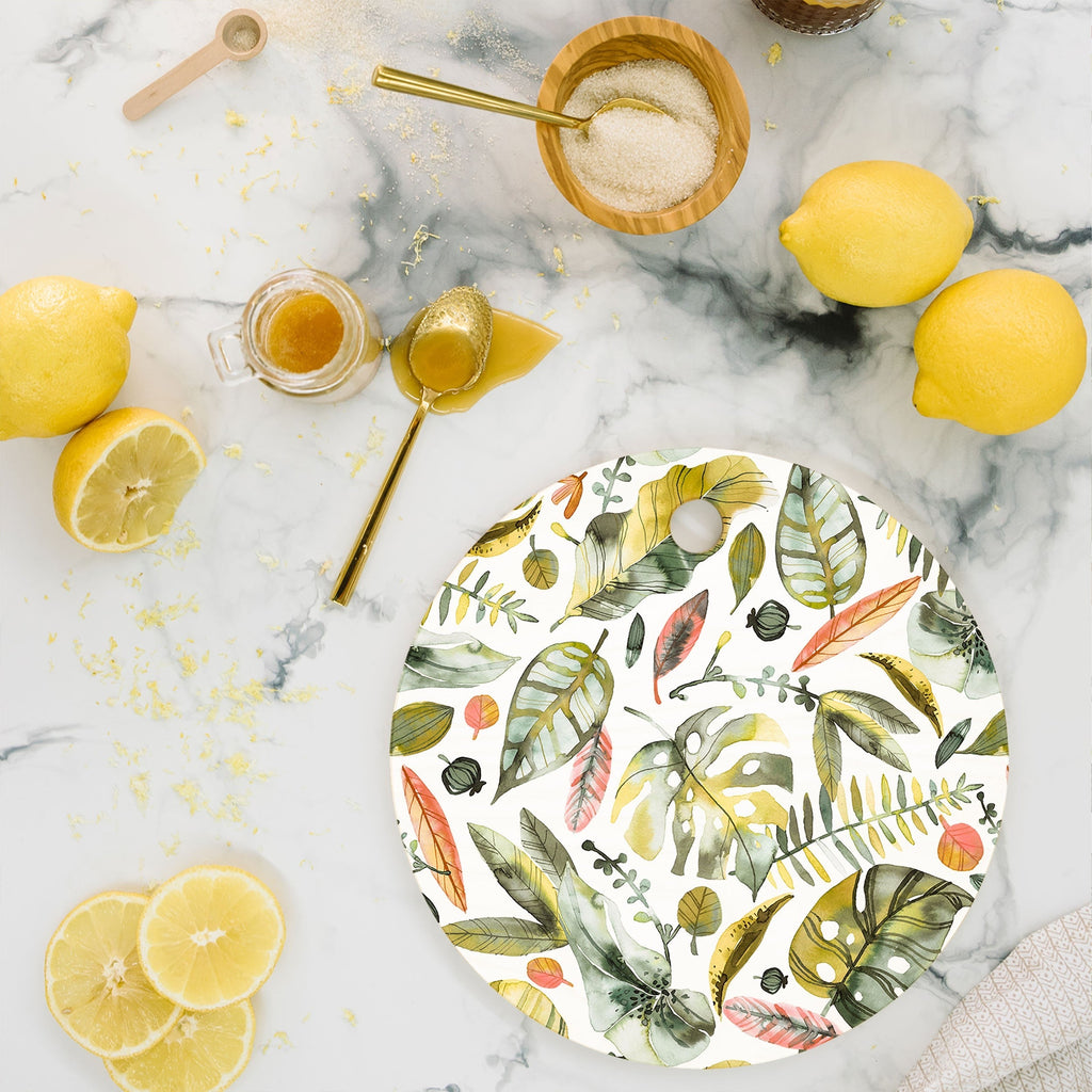 Ninola Design Botanic Retreat Tropical Jungle Leaves Botanical Green Orange Cutting Board Round