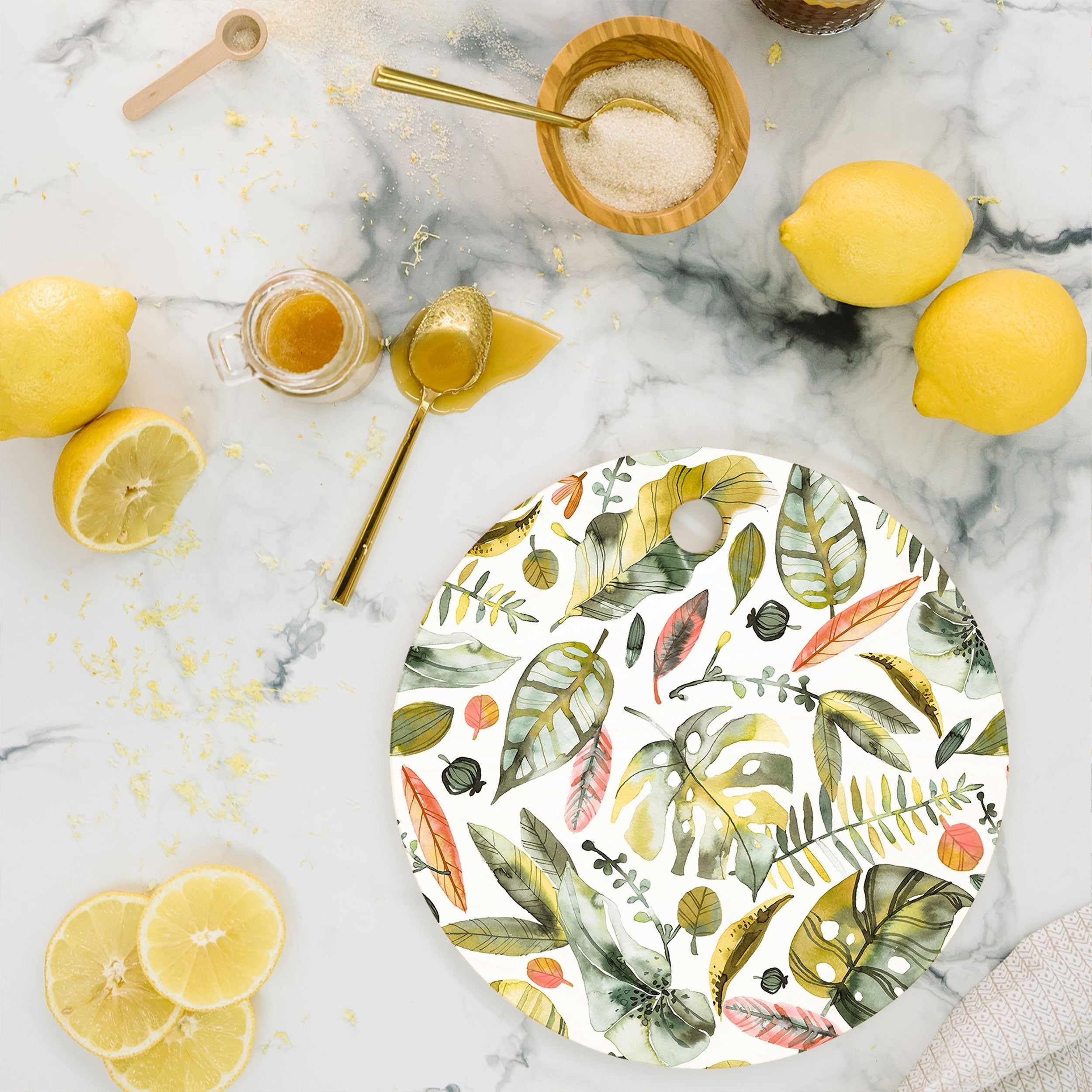 Ninola Design Botanic Retreat Tropical Jungle Leaves Botanical Green Orange Cutting Board Round