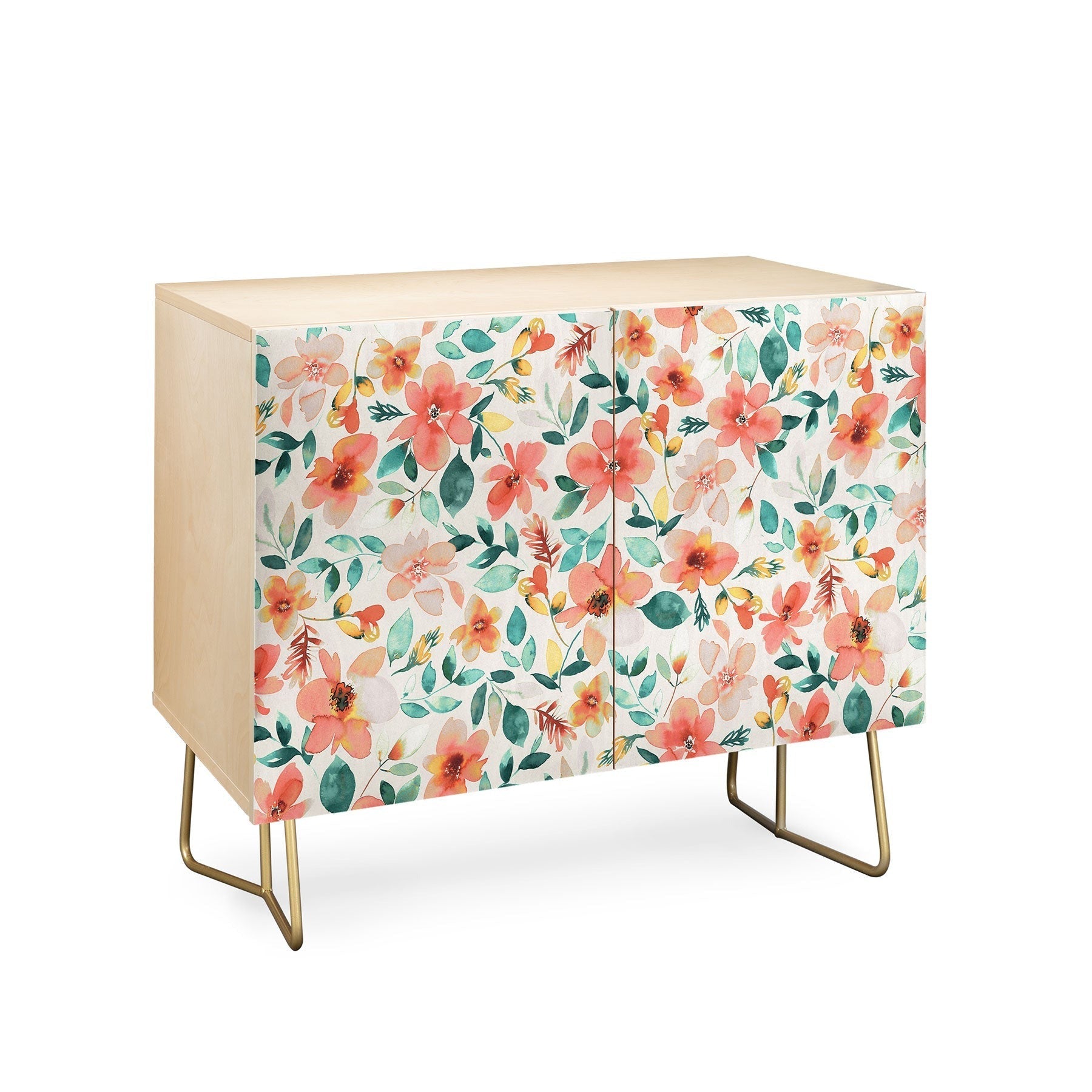 Ninola Design Botanic Retreat Tropical Whimsical Flowers Coral Green Credenza