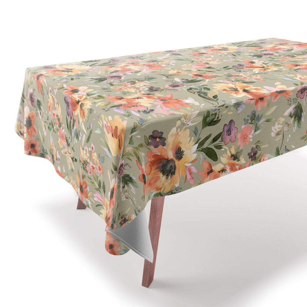 Ninola Design Botanic Retreat Painterly Tropical Flowers Sage Green Tablecloth
