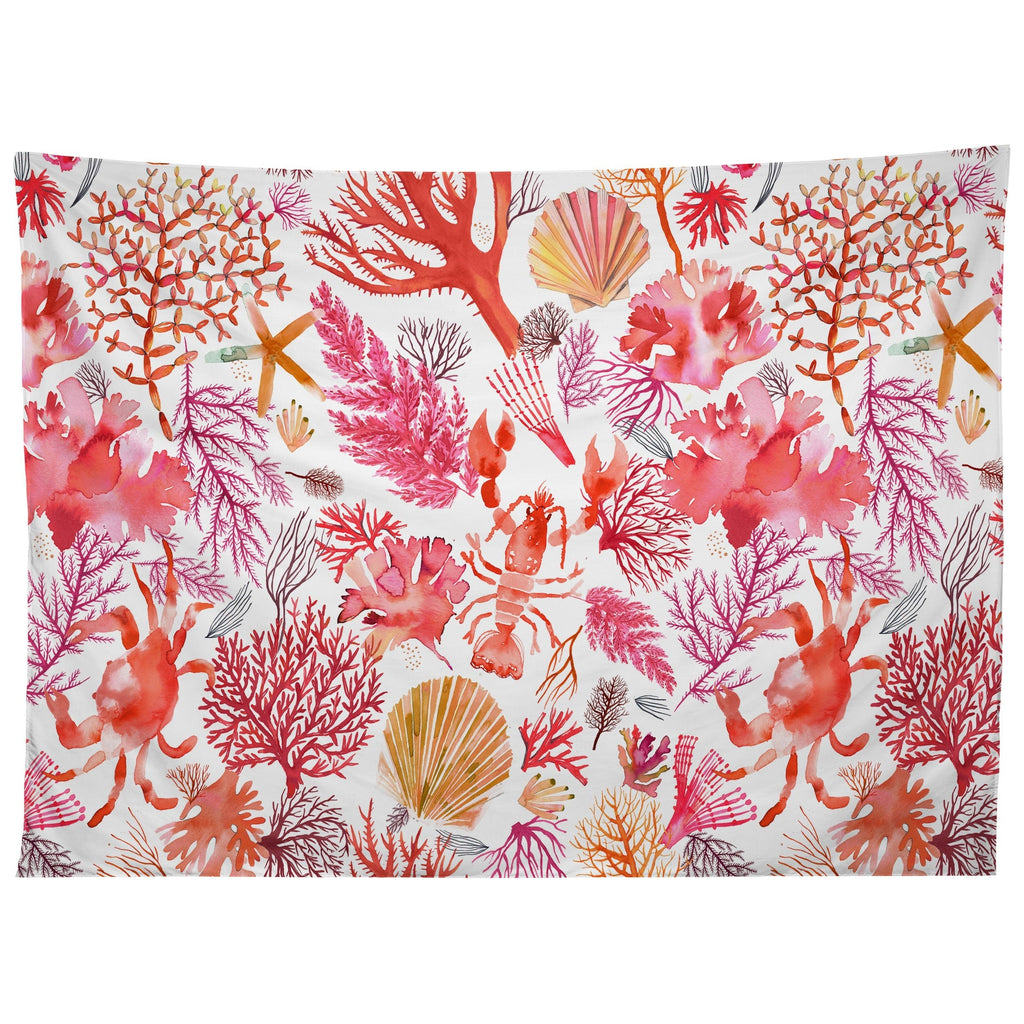 Ninola Design Botanic Retreat Coral Reef Crab Lobster Red Tapestry